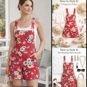ModCloth Red Floral Overall Romper Shortalls  Shorts Cotton  16 retro festival